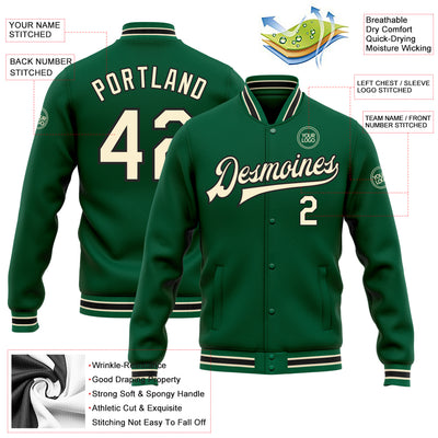 Custom Kelly Green Cream-Black Bomber Full-Snap Varsity Letterman Jacket