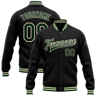 Custom Black Green-Cream Bomber Full-Snap Varsity Letterman Jacket