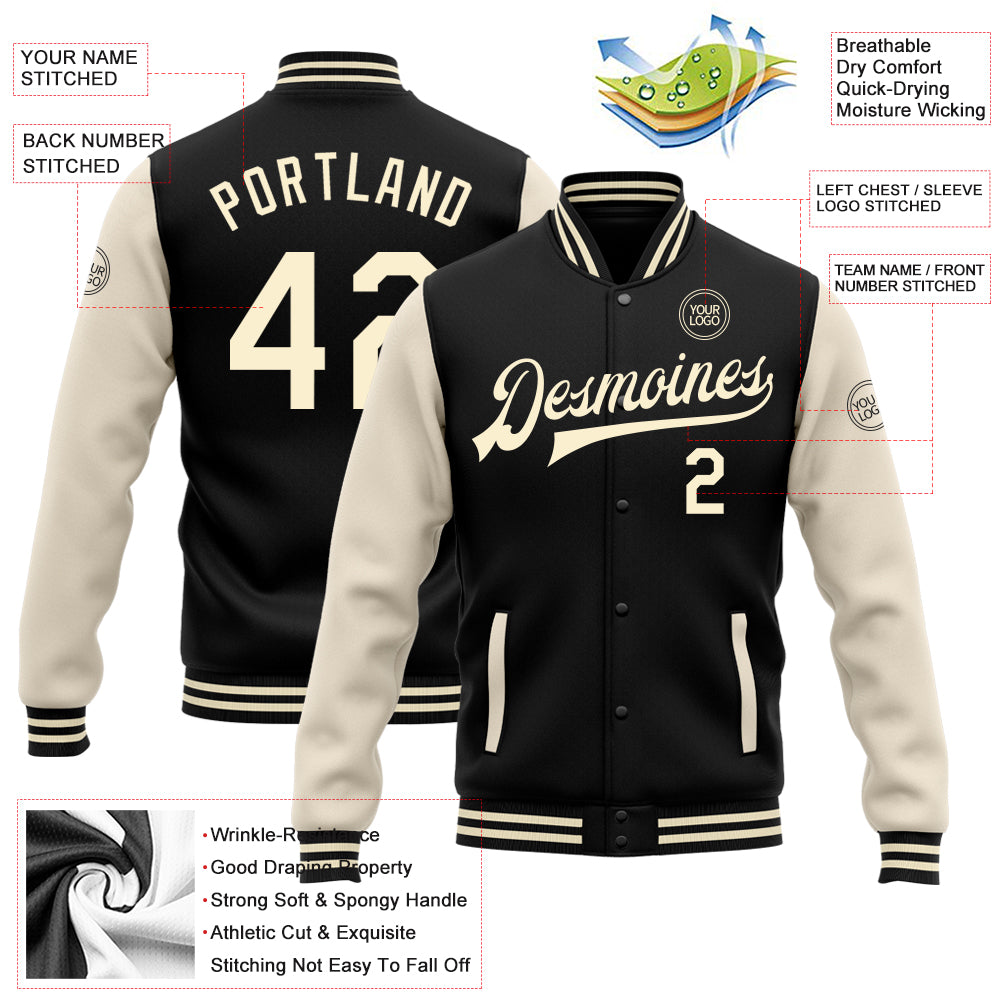 Custom Black Cream Bomber Full-Snap Varsity Letterman Two Tone Jacket