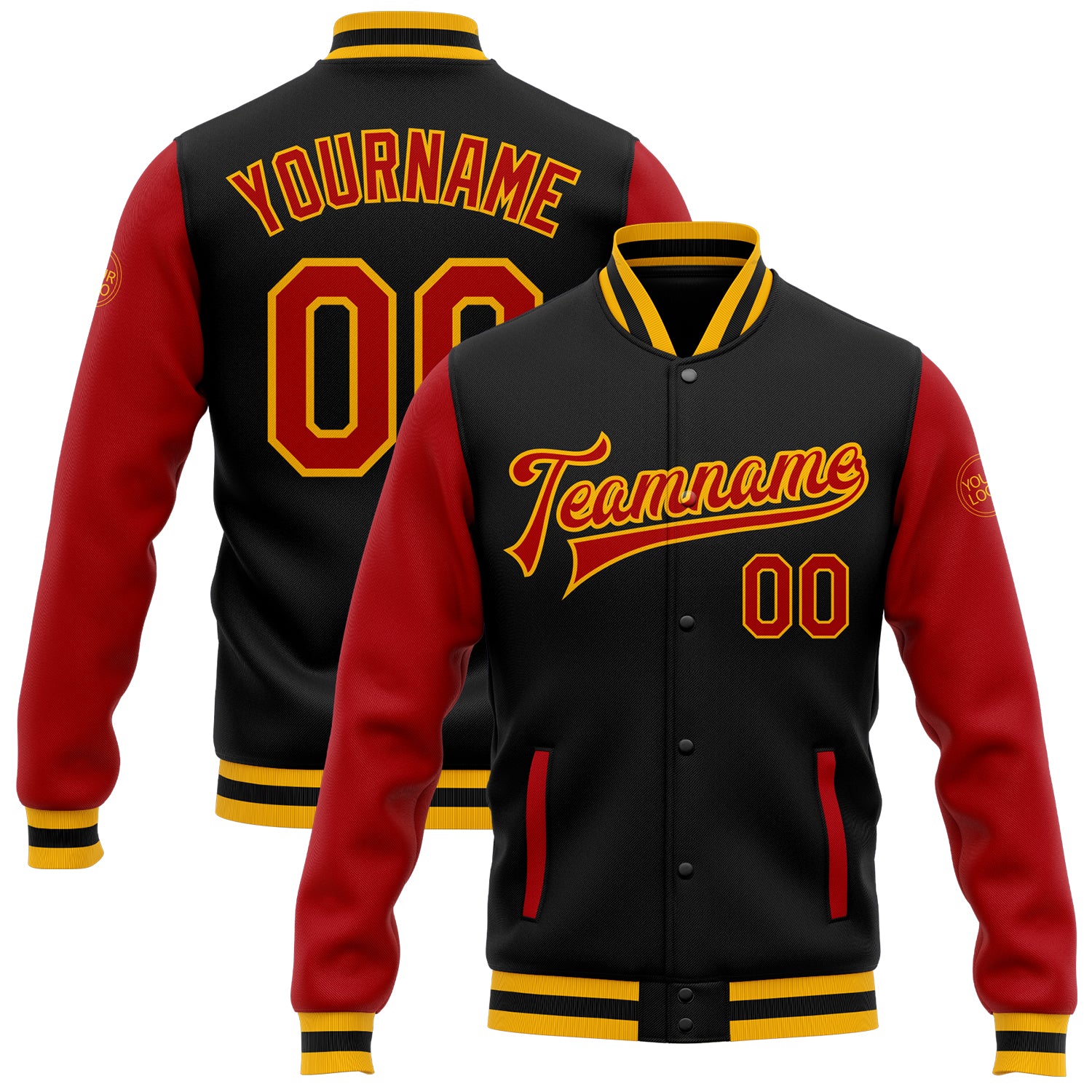 Custom Black Red-Gold Bomber Full-Snap Varsity Letterman Two Tone Jacket