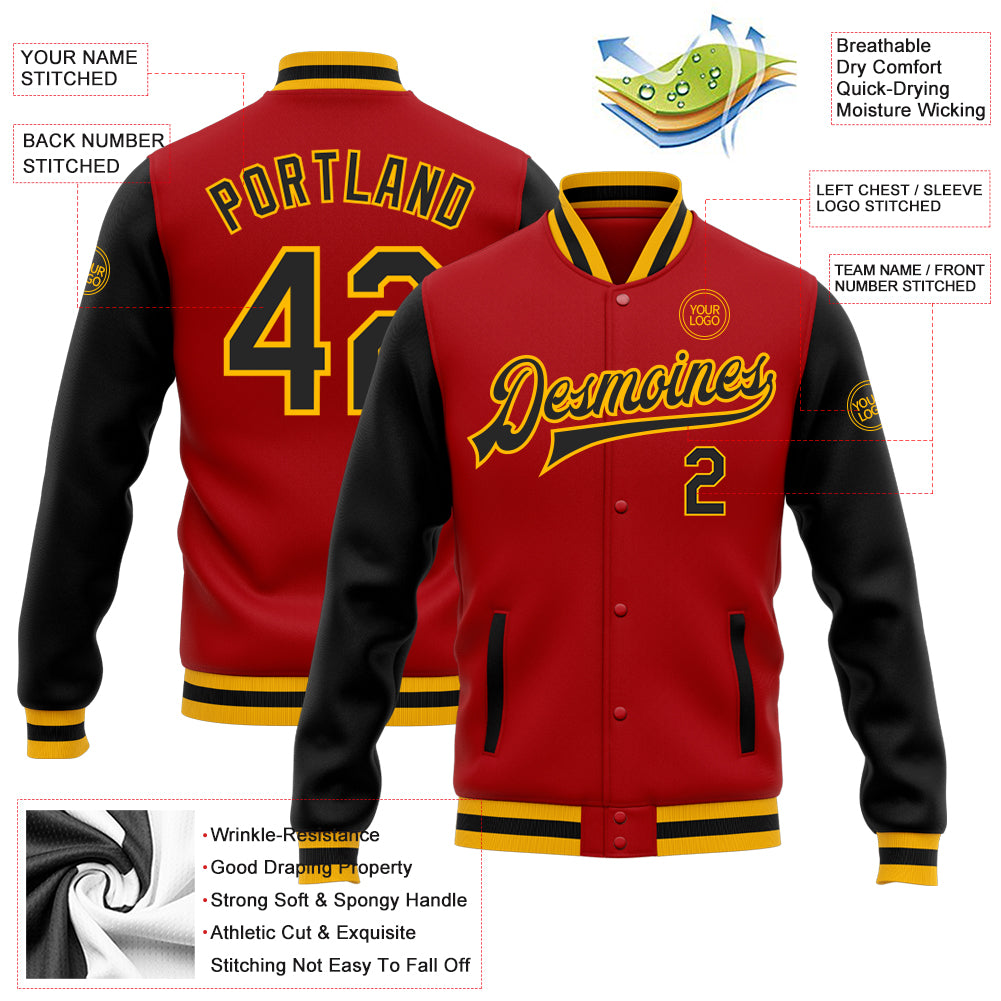 Custom Red Black-Gold Bomber Full-Snap Varsity Letterman Two Tone Jacket