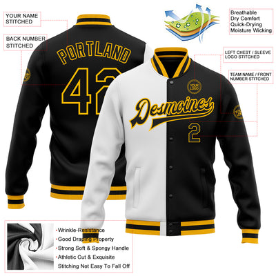 Custom White Black-Gold Bomber Full-Snap Varsity Letterman Split Fashion Jacket