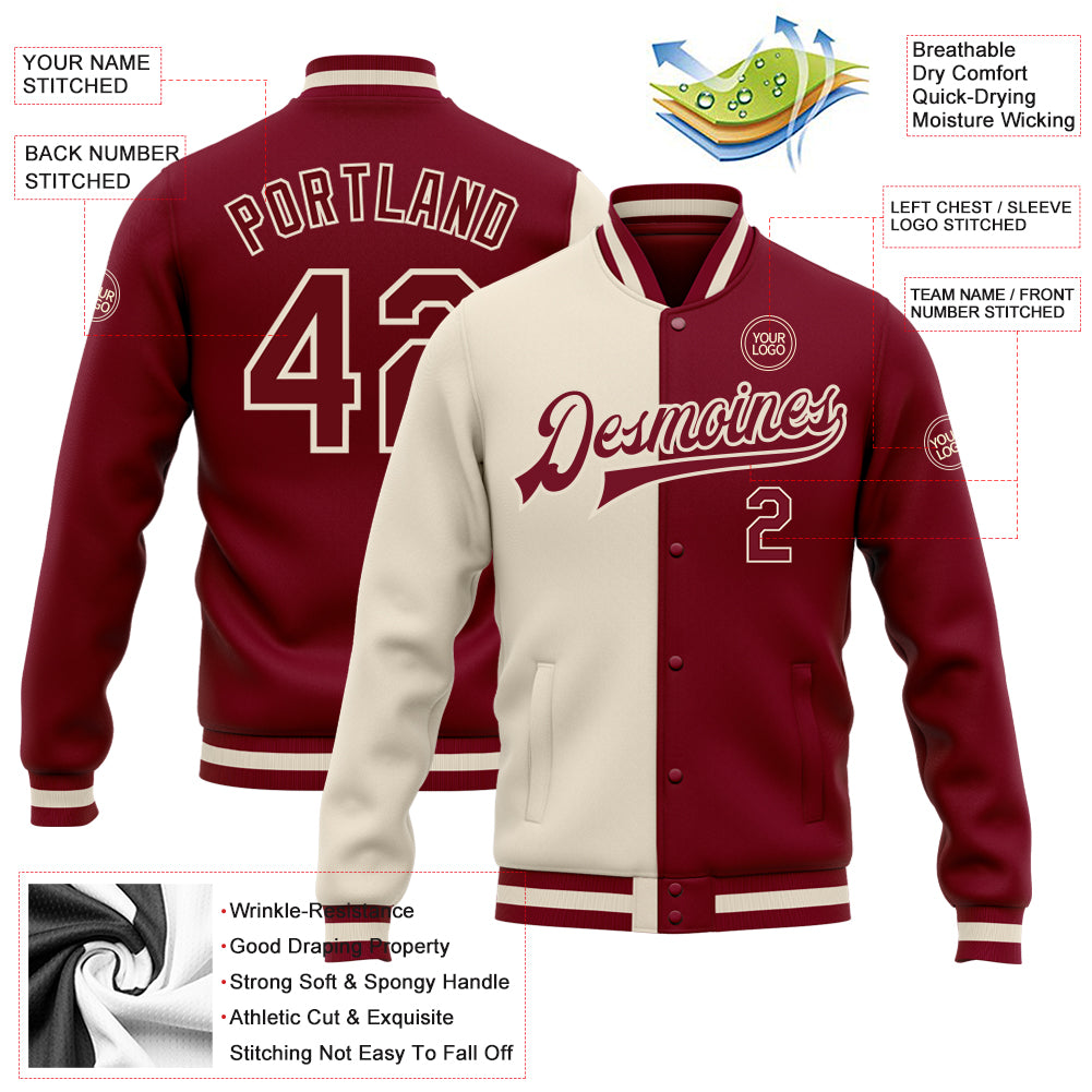 Custom Crimson Maroon-Cream Bomber Full-Snap Varsity Letterman Split Fashion Jacket