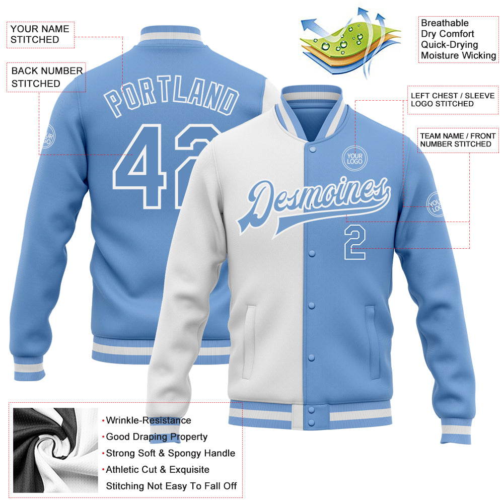 Custom White Light Blue Bomber Full-Snap Varsity Letterman Split Fashion Jacket