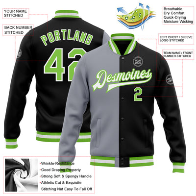 Custom Black Neon Green-Gray Bomber Full-Snap Varsity Letterman Split Fashion Jacket