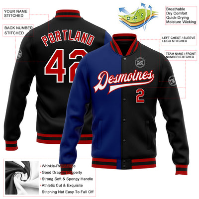 Custom Black Red-Royal Bomber Full-Snap Varsity Letterman Split Fashion Jacket