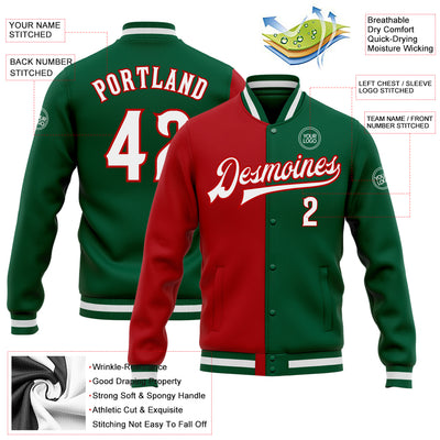 Custom Kelly Green White-Red Bomber Full-Snap Varsity Letterman Split Fashion Jacket