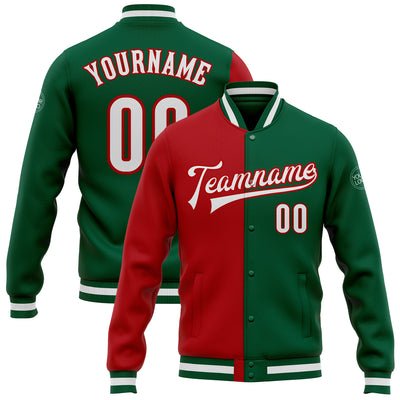 Custom Kelly Green White-Red Bomber Full-Snap Varsity Letterman Split Fashion Jacket