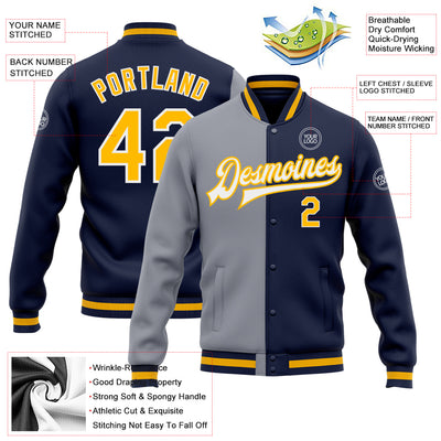 Custom Navy Gold-Gray Bomber Full-Snap Varsity Letterman Split Fashion Jacket