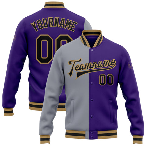 CustomPurpleBlackGray-OldGoldBomberFull-SnapVarsityLettermanSplitFashionJacket