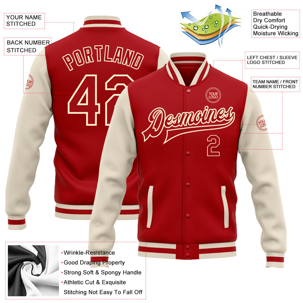 Custom Red Red-Cream Bomber Full-Snap Varsity Letterman Two Tone Jacket