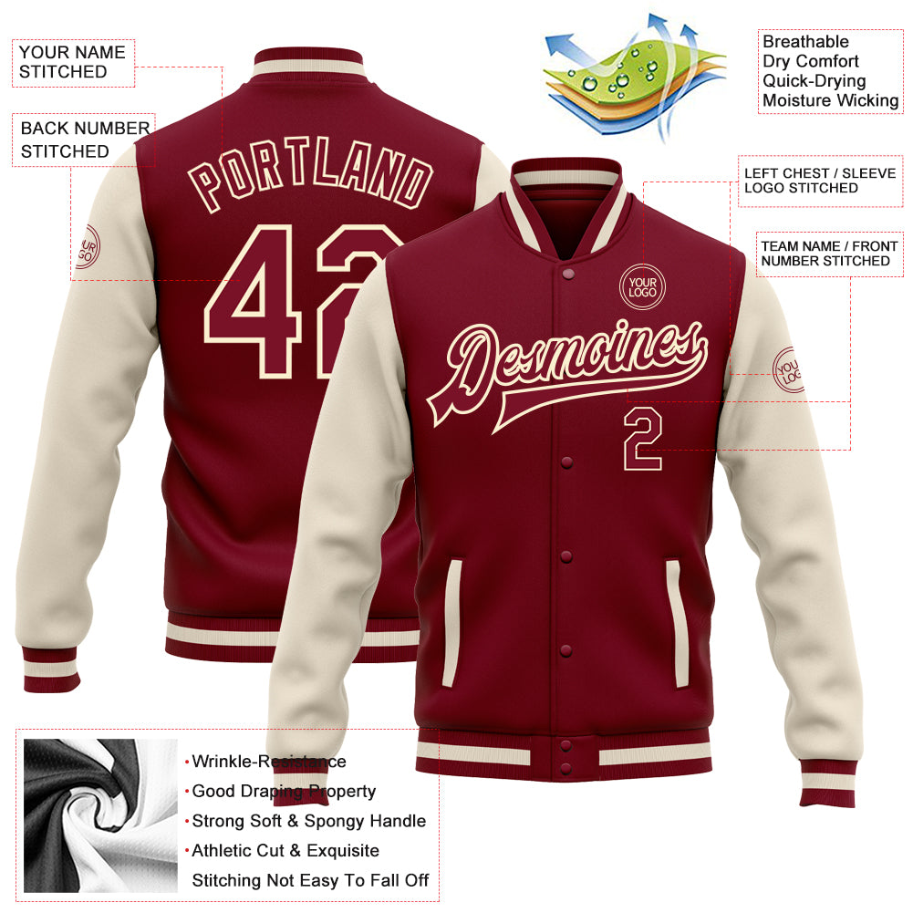 Custom Crimson Crimson Cream-Maroon Bomber Full-Snap Varsity Letterman Two Tone Jacket