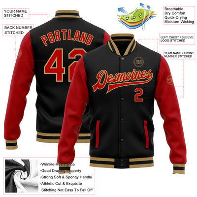 Custom Black Red-Old Gold Bomber Full-Snap Varsity Letterman Two Tone Jacket