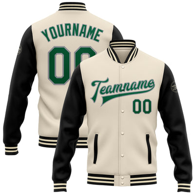 Custom Cream Kelly Green Black-Gray Bomber Full-Snap Varsity Letterman Two Tone Jacket