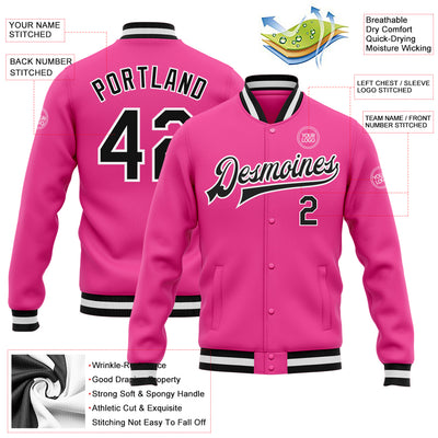 Custom Pink Black-White Bomber Full-Snap Varsity Letterman Jacket