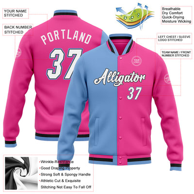 Custom Pink White Light Blue-Black Bomber Full-Snap Varsity Letterman Split Fashion Jacket