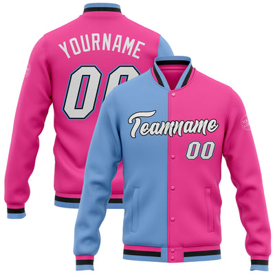 Custom Pink White Light Blue-Black Bomber Full-Snap Varsity Letterman Split Fashion Jacket