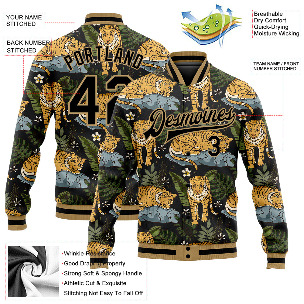 Custom Black Black-Old Gold Tropical Tiger With Palms 3D Pattern Design Bomber Full-Snap Varsity Letterman Jacket