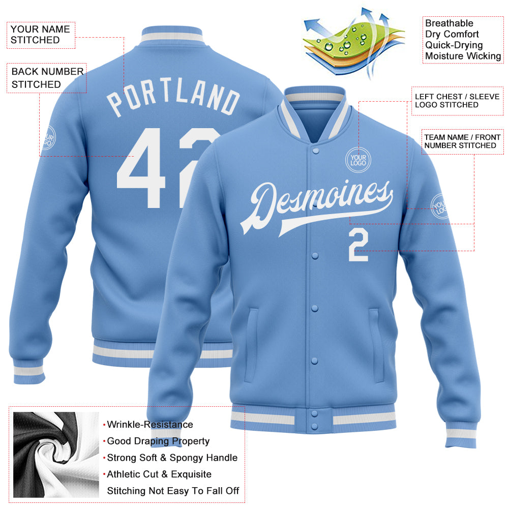 Custom Light Blue White Bomber Full-Snap Varsity Letterman Jacket