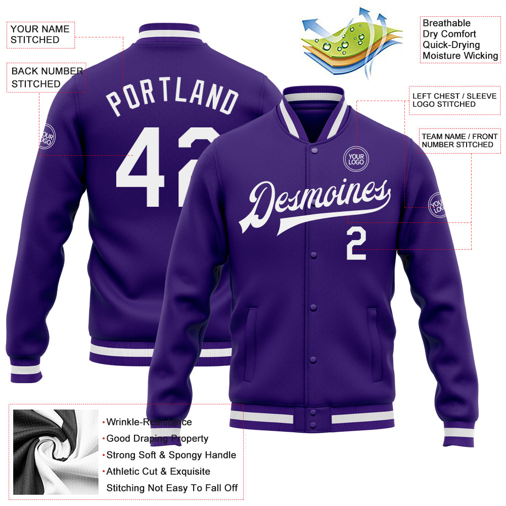 Custom Purple White Bomber Full-Snap Varsity Letterman Jacket