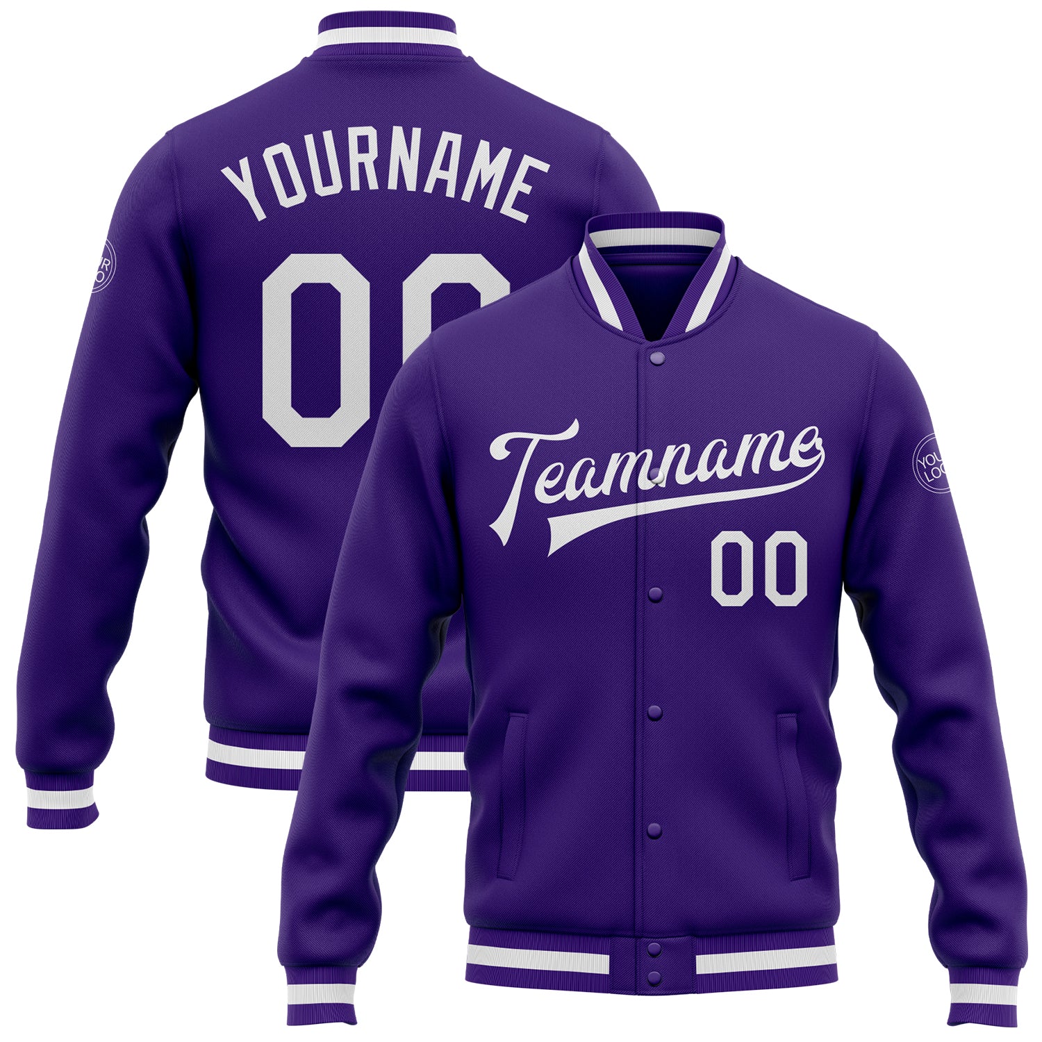 Custom Purple White Bomber Full-Snap Varsity Letterman Jacket