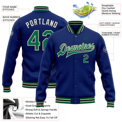 Custom Royal Kelly Green Cream-Black Bomber Full-Snap Varsity Letterman Jacket