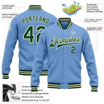 Custom Light Blue Green-Cream Bomber Full-Snap Varsity Letterman Jacket