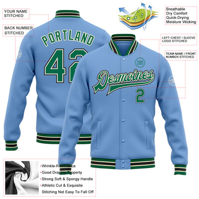 Custom Light Blue Kelly Green Cream-Black Bomber Full-Snap Varsity Letterman Jacket