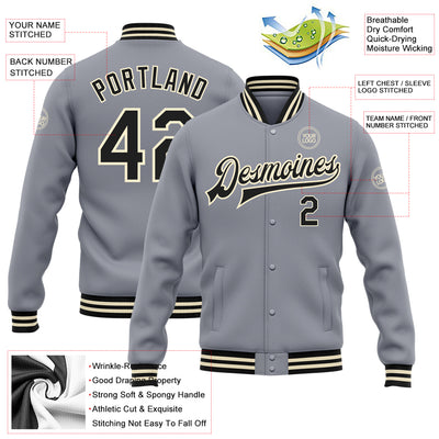 Custom Gray Black-Cream Bomber Full-Snap Varsity Letterman Jacket