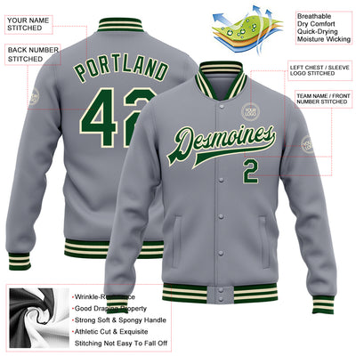 Custom Gray Green-Cream Bomber Full-Snap Varsity Letterman Jacket