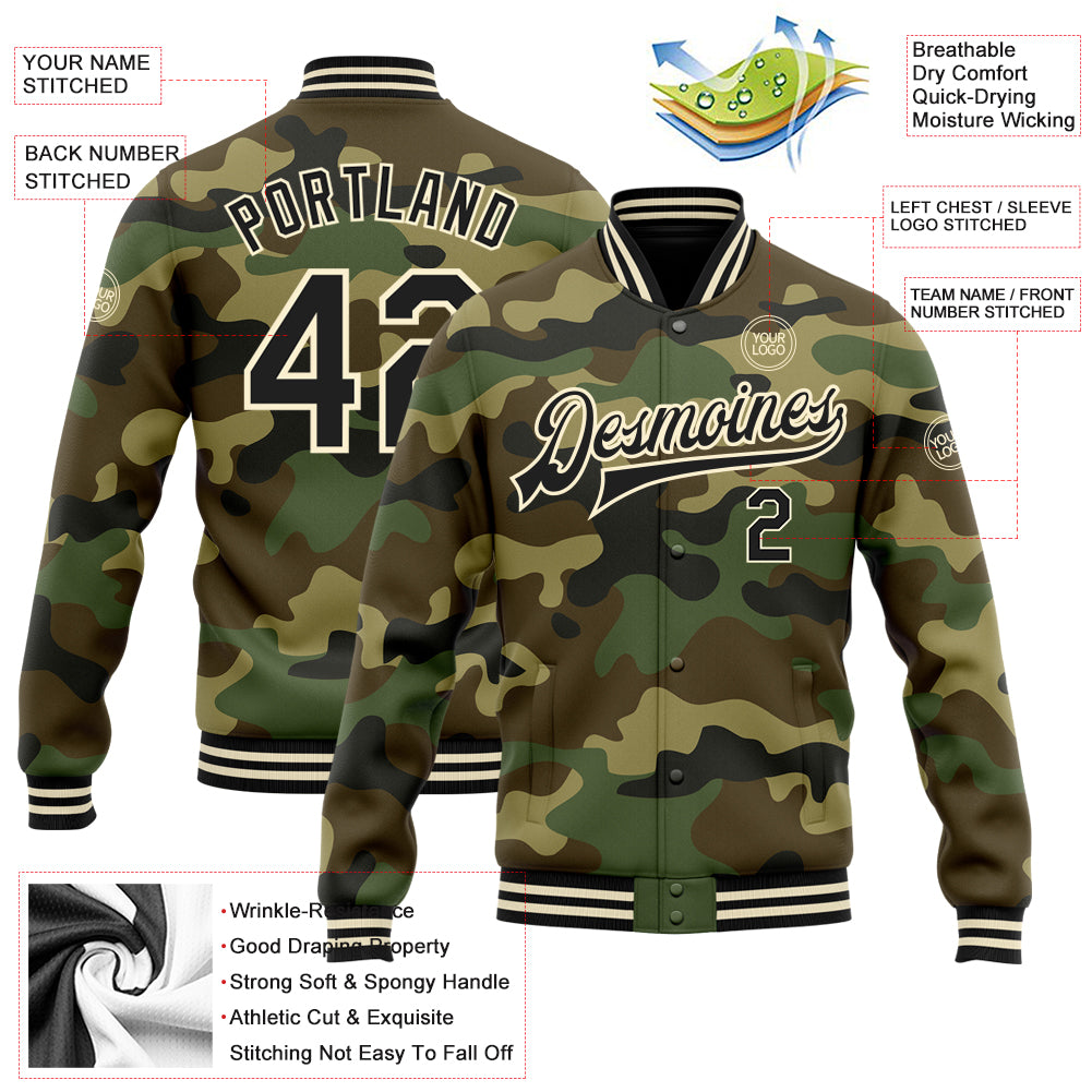 Custom Camo Black-Cream Bomber Full-Snap Varsity Letterman Salute To Service Jacket