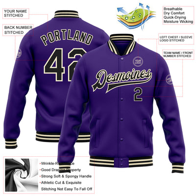 Custom Purple Black-Cream Bomber Full-Snap Varsity Letterman Jacket