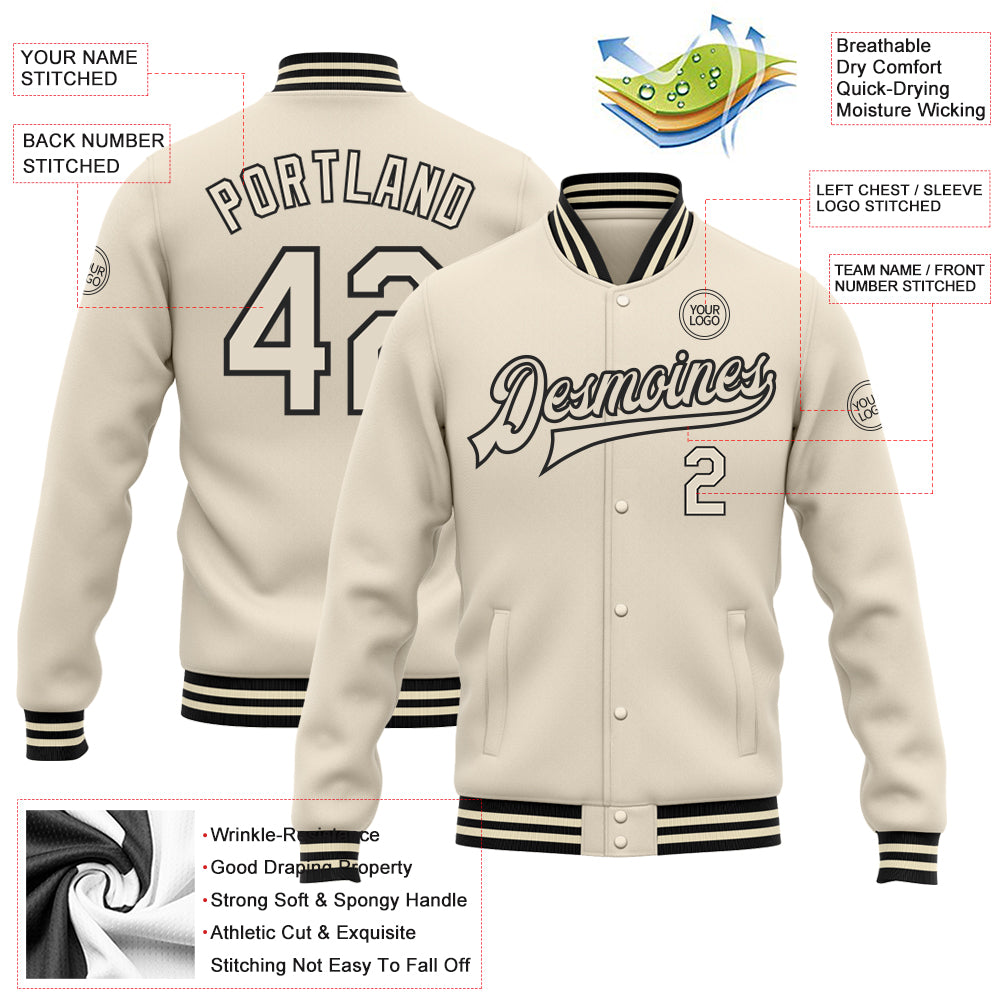 Custom Cream Cream-Black Bomber Full-Snap Varsity Letterman Jacket