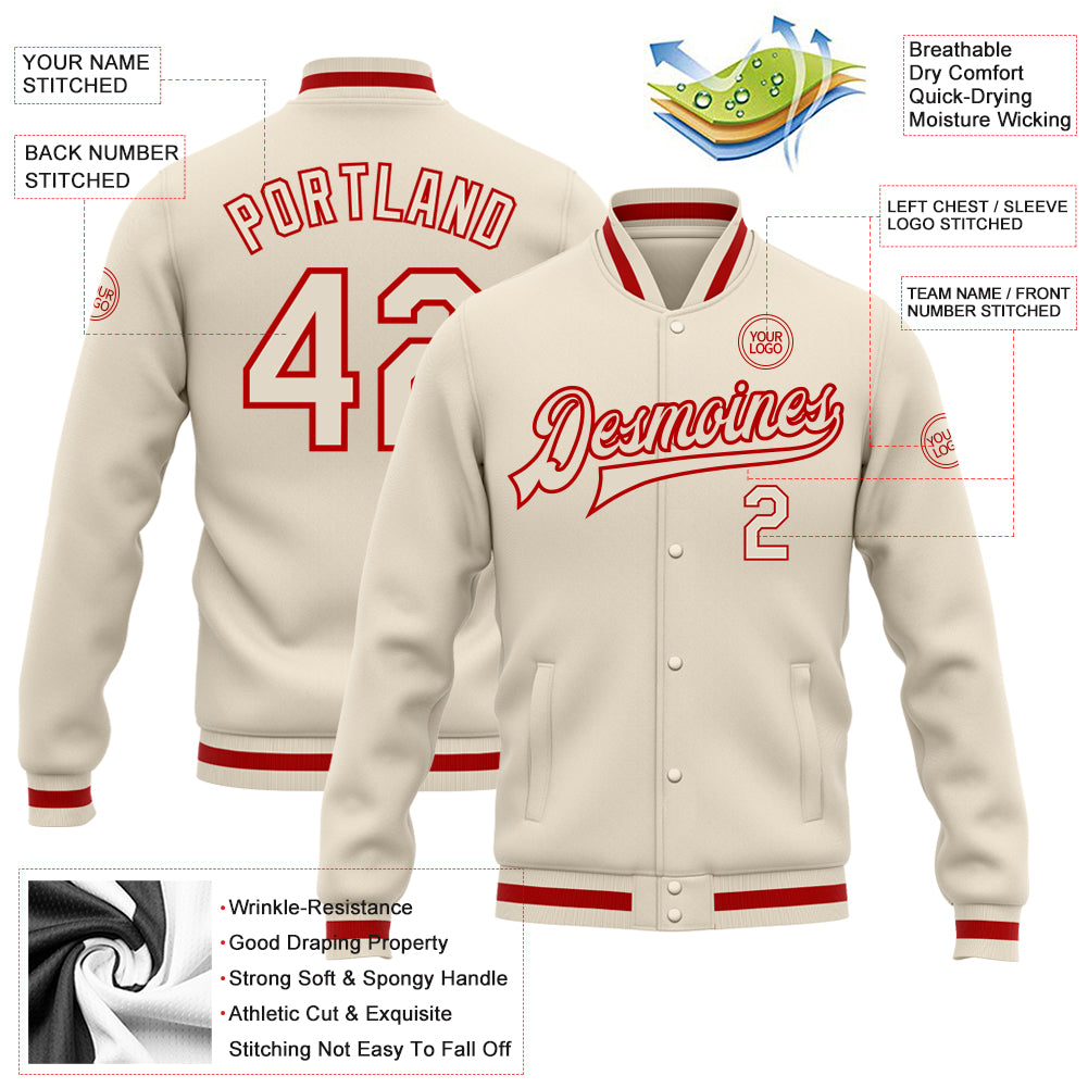 Custom Cream Cream-Red Bomber Full-Snap Varsity Letterman Jacket