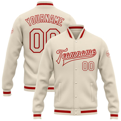 Custom Cream Cream-Red Bomber Full-Snap Varsity Letterman Jacket