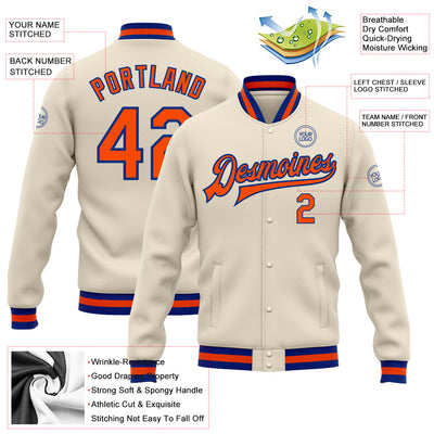 Custom Cream Orange-Royal Bomber Full-Snap Varsity Letterman Jacket