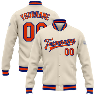 Custom Cream Orange-Royal Bomber Full-Snap Varsity Letterman Jacket