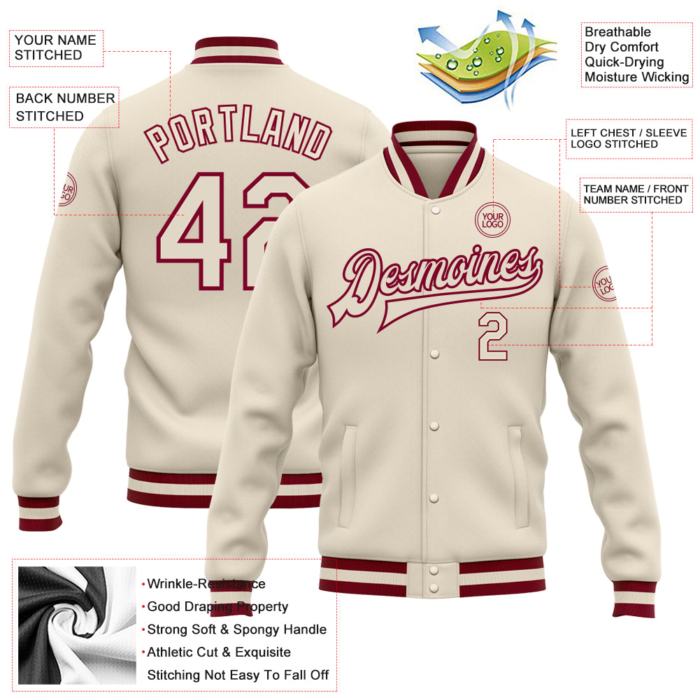 Custom Cream Cream-Maroon Bomber Full-Snap Varsity Letterman Jacket