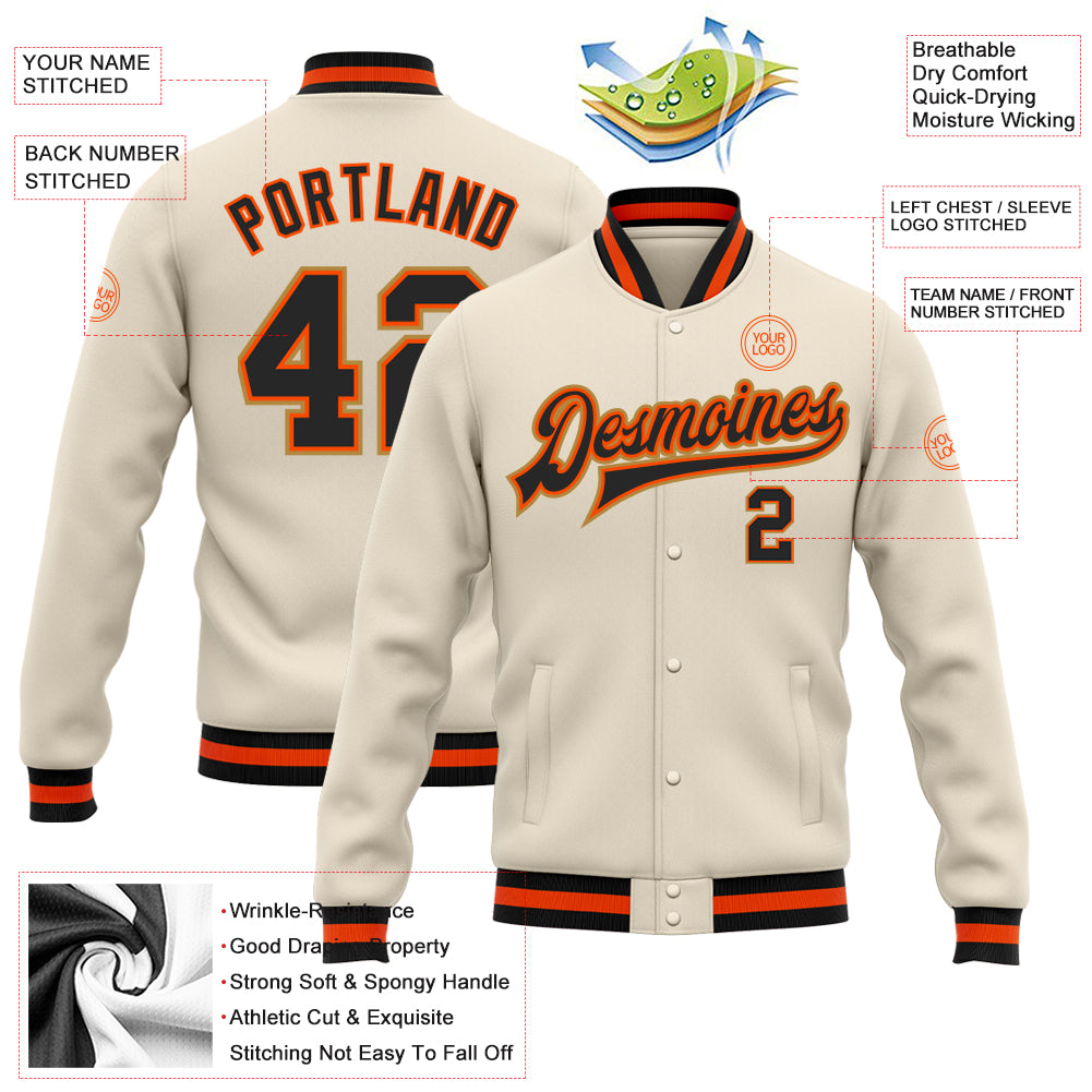 Custom Cream Black Orange-Old Gold Bomber Full-Snap Varsity Letterman Jacket