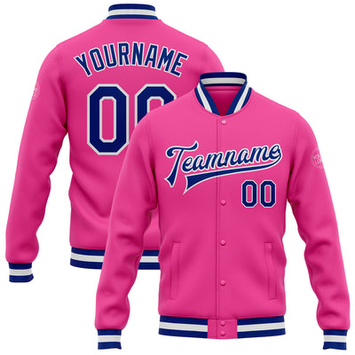 Custom Pink Royal-White Bomber Full-Snap Varsity Letterman Jacket