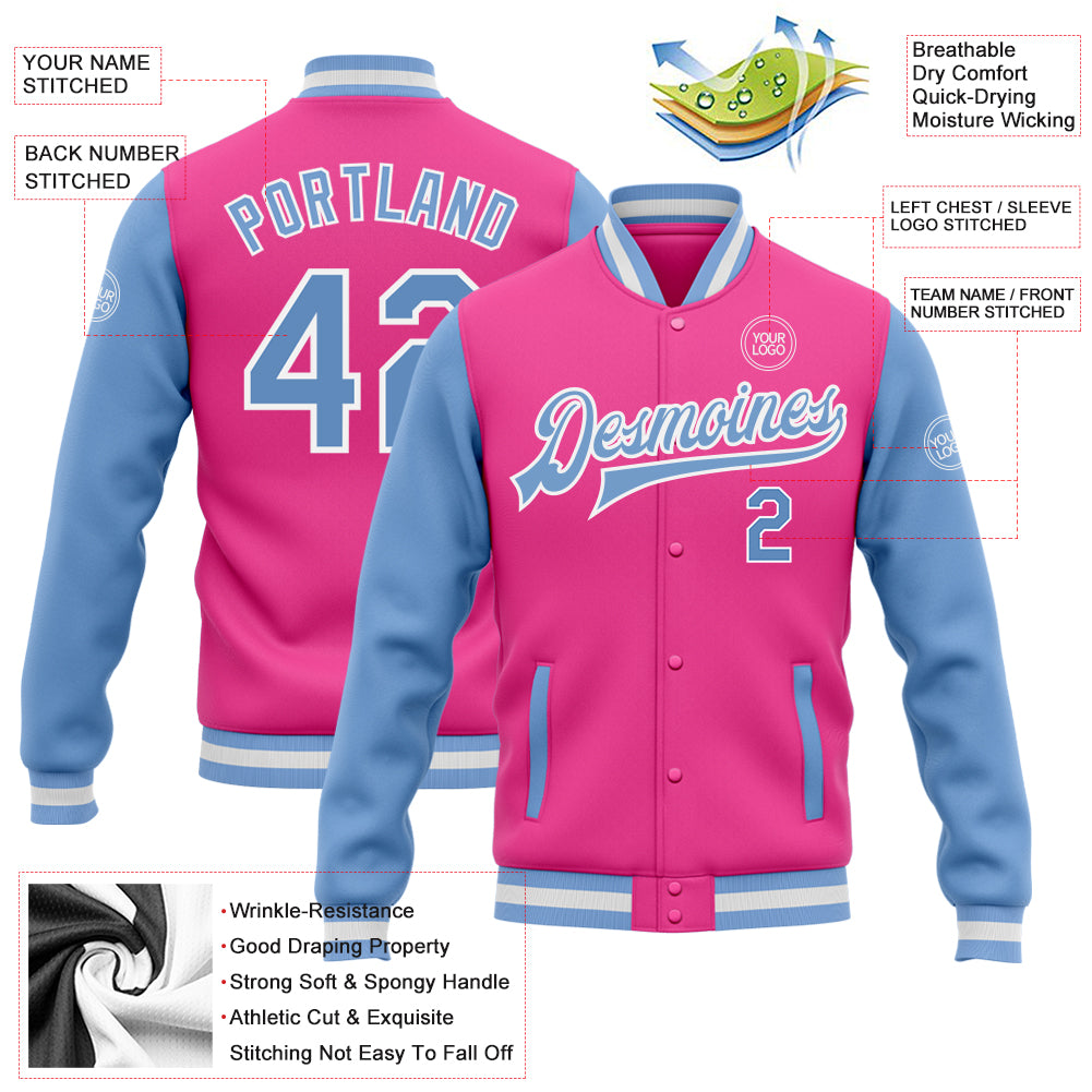 Custom Pink Light Blue-White Bomber Full-Snap Varsity Letterman Two Tone Jacket