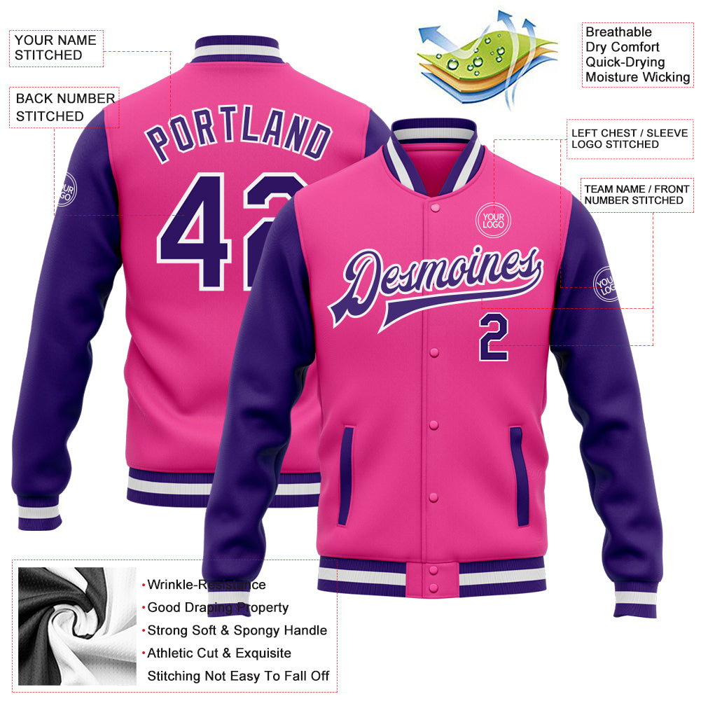 Custom Pink Purple-White Bomber Full-Snap Varsity Letterman Two Tone Jacket