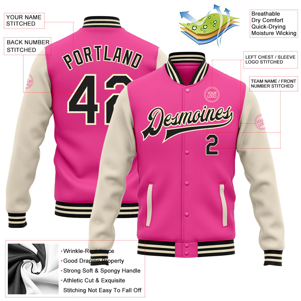 Custom Pink Black-Cream Bomber Full-Snap Varsity Letterman Two Tone Jacket