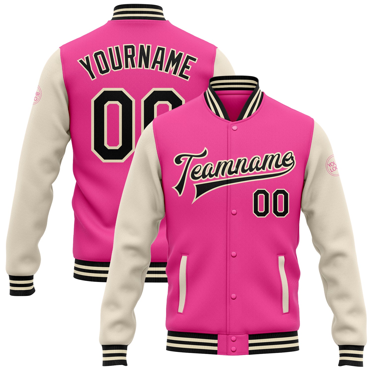 Custom Pink Black-Cream Bomber Full-Snap Varsity Letterman Two Tone Jacket