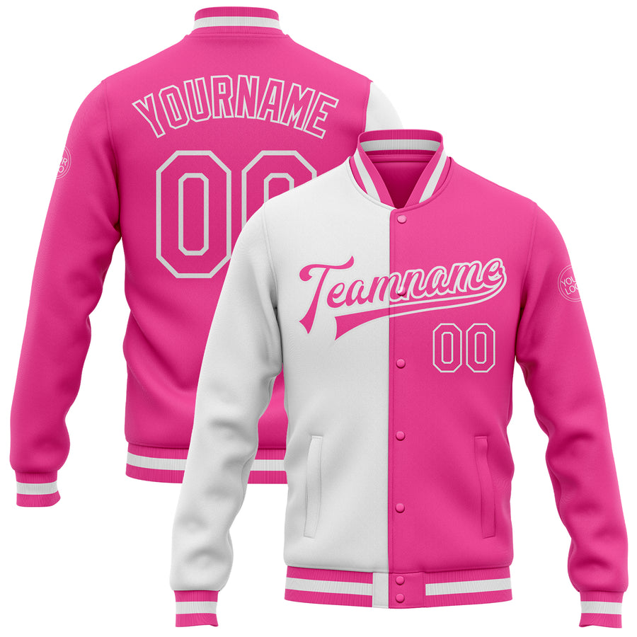 Custom Varsity Letterman Jacket White Black Pinstripe Sky Blue-Pink Bomber Full-Snap Men's Size:2XL