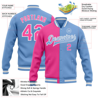 Custom Light Blue Pink-White Bomber Full-Snap Varsity Letterman Split Fashion Jacket