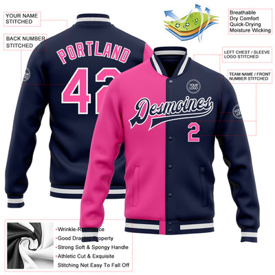 Custom Navy Pink-White Bomber Full-Snap Varsity Letterman Split Fashion Jacket