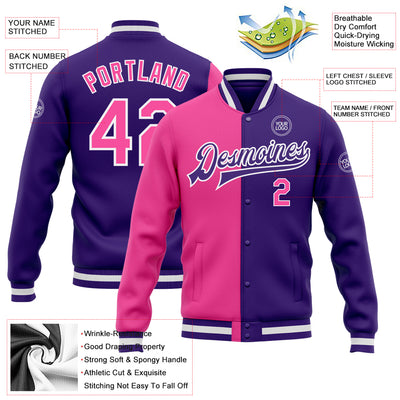 Custom Purple Pink-White Bomber Full-Snap Varsity Letterman Split Fashion Jacket