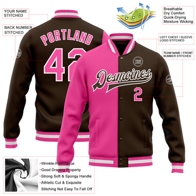 Custom Brown Pink-White Bomber Full-Snap Varsity Letterman Split Fashion Jacket