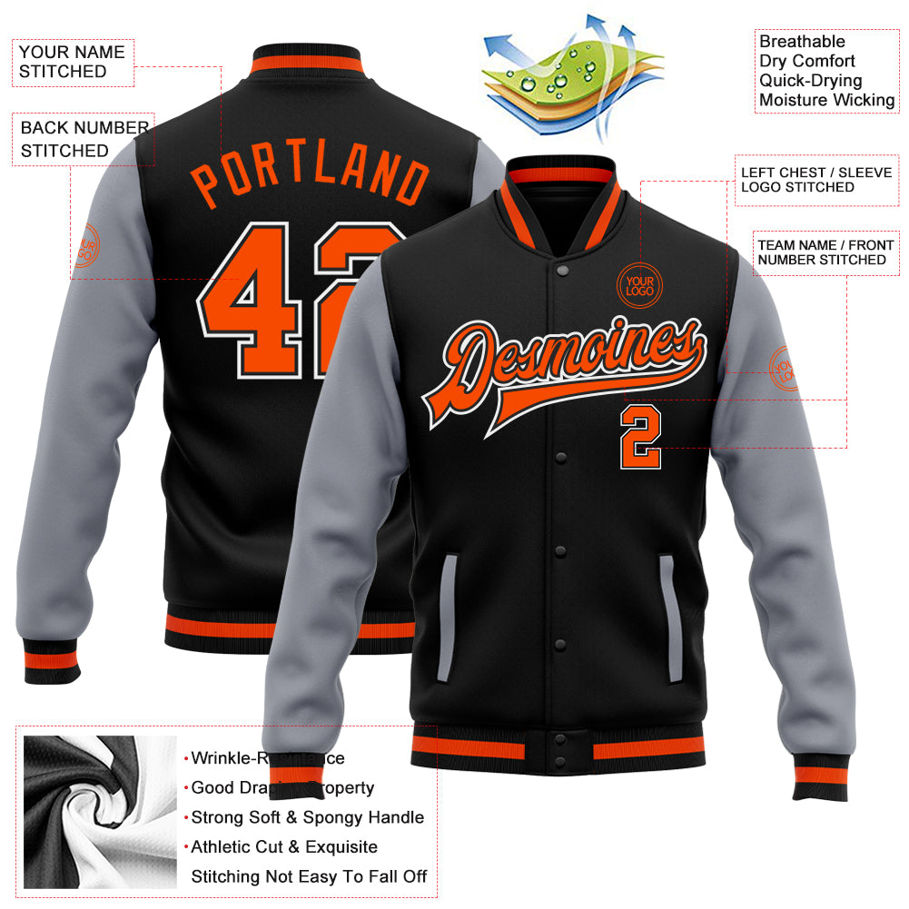 Custom Black Orange-Gray Bomber Full-Snap Varsity Letterman Two Tone Jacket